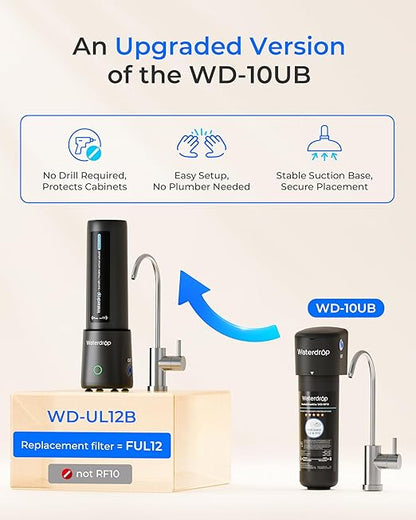Waterdrop UL12B Under Sink Water Filter, Upgraded for 10UB, No-Drill Filter Housing (Faucet Drilling Required), with Brushed Nickel Faucet, Reduces Chlorine, Bad Taste & Odor, 1 Year (Filter: FUL12)