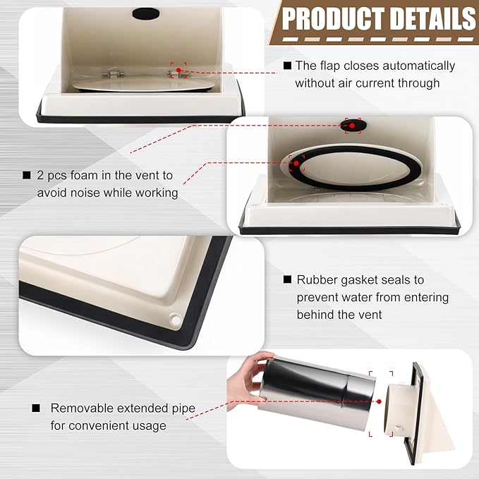 Gisafai 4" Outside Dryer Vent Cover for Exterior Walls Exhaust Vent Cap with Removable Extension Pipe Stainless Steel Hood Cushioned Non Return Flap with Sealing Gasket Grille Screen, Tan