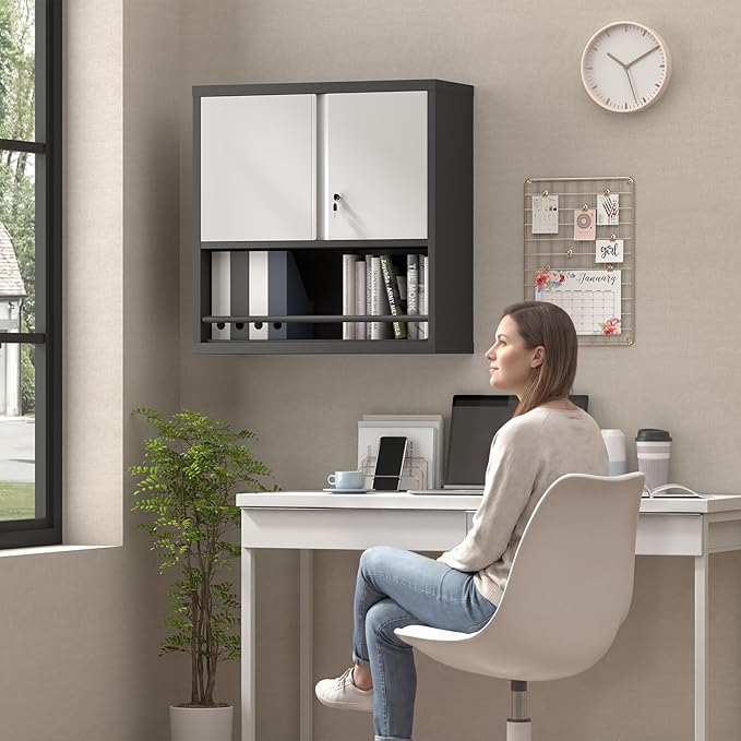 Locking Cabinet, Black Wall Storage Cabinet with Shelves, Hanging Cabinets with Open Storage, Small Wall Cabinet, Lockable Tool Cabinet for Basement, School, Office