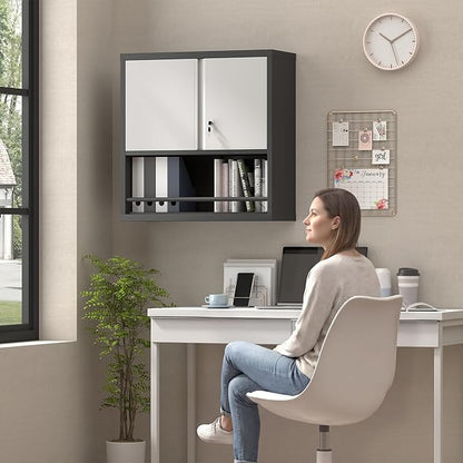Locking Cabinet, Black Wall Storage Cabinet with Shelves, Hanging Cabinets with Open Storage, Small Wall Cabinet, Lockable Tool Cabinet for Basement, School, Office