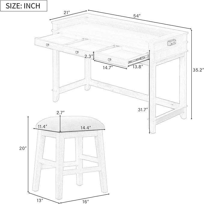4-piece Dining Bar Table Set with 3 Upholstered Stools, Rubber Wood Counter Height Multifunctional Dining Table with 3 Drawers and USB Port, Side Table with Footrest Pub Kitchen Set (Natural-N2)