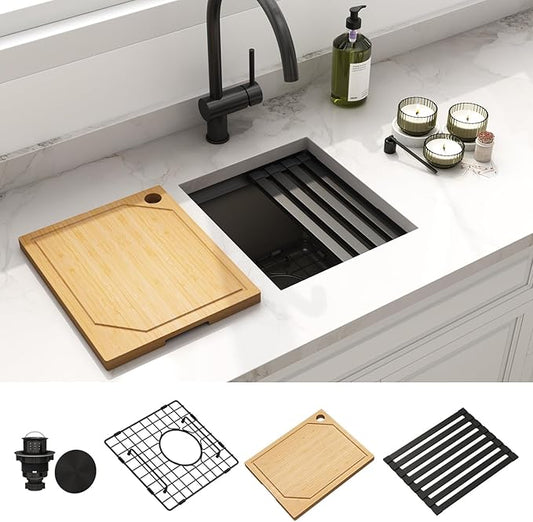 LQS Undermount Wet Bar Sink Black, Undermount Bar Sink Stainless Steel 13" x 15", Small 10" Deep Single Bowl Kitchen Sinks, Smart Workstation Ledge With Cutting Board For RV, Outdoor and Prep Use