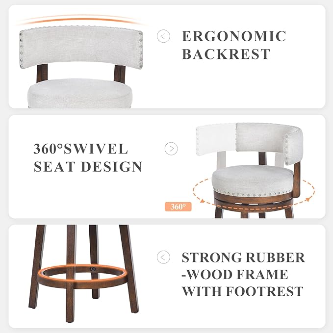 COLAMY Swivel Counter Height Bar Stools Set of 3, 25 Inch Modern Upholstered Kitchen Island Barstools with Back, Wood Swivel Bar Chairs for Dining Room, Beige