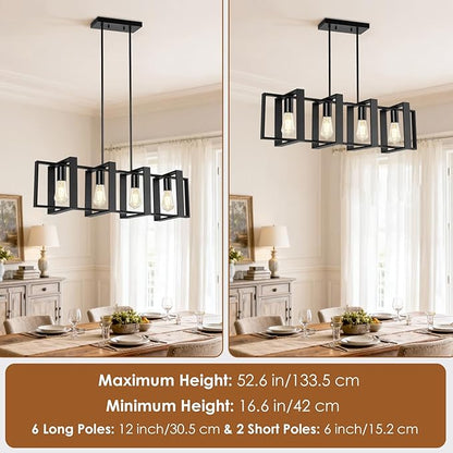 Dining Room Light Fixture, 4-Light Kitchen Island Lighting, Height Adjustable Island Lights For Kitchen, Black Linear Chandeliers For Dining Room, Metal Farmhouse Chandelier for Living Room(No Bulb)