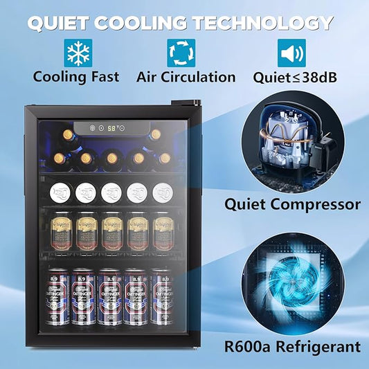 Electactic 2.6 Cu.ft Beverage Refrigerator Cooler, 95 Can Mini Fridge Glass Door with Adjustable Shelves, Digital Temperature Display, Freestanding Small Drink Fridge for Home, Office or Bar(Black)