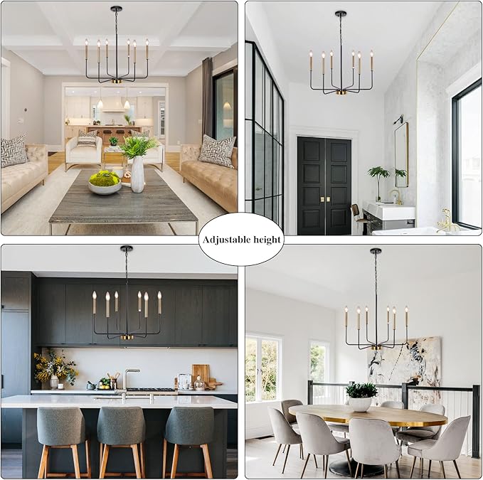 Modern Farmhouse Chandelier for Dining Room, 6 Lights Chandelier Light Fixture Adjustable Height, Black and Gold Hanging Candle Pendant Lighting for Kitchen Island Living Room Bedroom Foyer