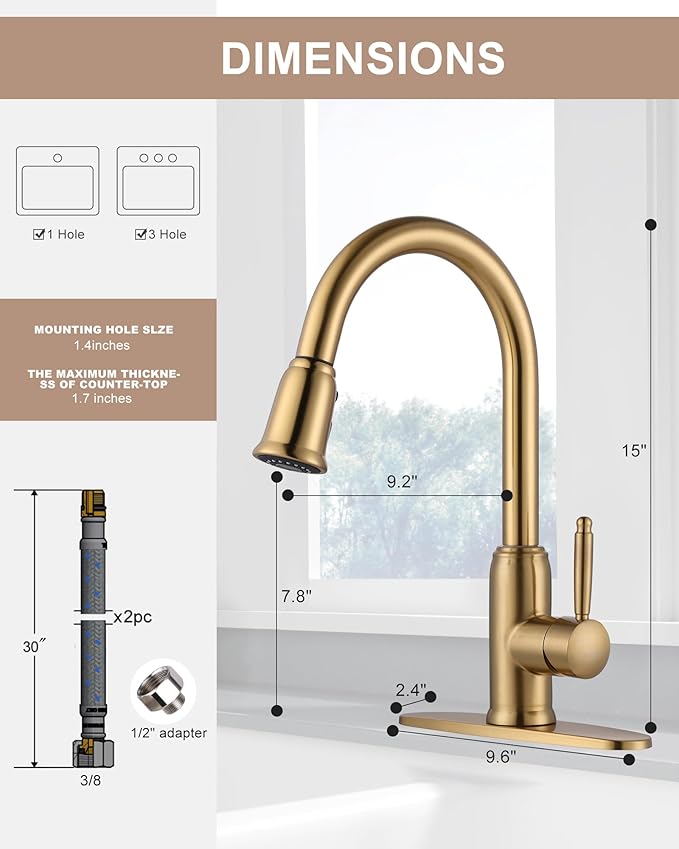 WOWOW Gold Kitchen Faucet with Sprayer - 304 Stainless Steel Kitchen Sink Faucet High Arc Pull Down Design for 1 or 3 Hole, Vintage Style