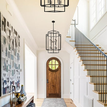8-Light Farmhouse Chandelier, Modern Foyer Lighting Fixtures 31.5" Entryway Chandeliers for High Ceilings, Black & Silver Lantern Pendant Light, for Living Room,Staircase,Hallway