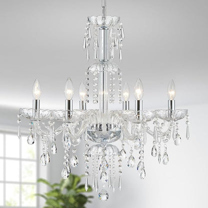 WUZUPS 6-Light Crystal Candle Chandelier Pendant Ceiling Light Modern Lighting Fixture for Bedroom Hallway Bar Kitchen Bathroom, H 25.6" W 24.4", E12 Base, Chrome