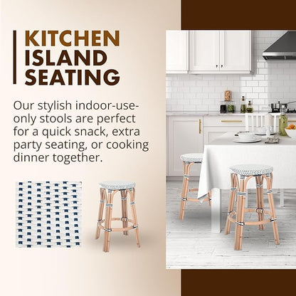 KOUBOO Bistro Backless Counter Stool, Handmade, Rattan, Kitchen Island Seating, Kitchen Stool, Boho Decor, White & Navy