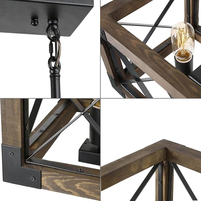 LALUZ Farmhouse Wood Chandelier for Kitchen Island, 5-Light Rectangular Dining Room Light Fixtures Hanging