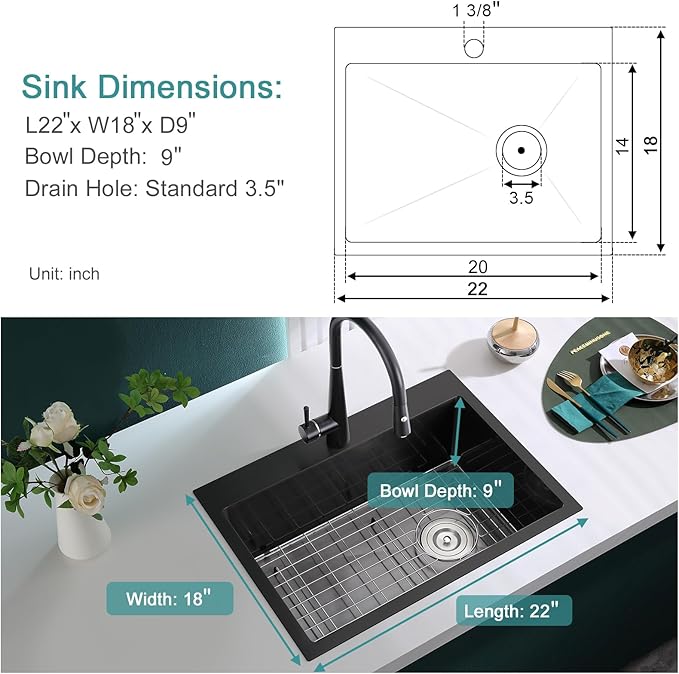 22 inch Drop-in Black Kitchen Sink Single Bowl, Topmount Kitchen Sink with Protective Bottom Grid, Overmount 304 Stainless Steel Kitchen Bar Sink Handmade with Basket Strainer, 22×18×9 inch