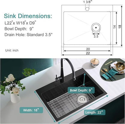22 inch Drop-in Black Kitchen Sink Single Bowl, Topmount Kitchen Sink with Protective Bottom Grid, Overmount 304 Stainless Steel Kitchen Bar Sink Handmade with Basket Strainer, 22×18×9 inch