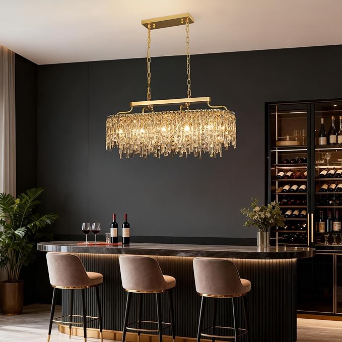 12-Lights Modern Gold Crystal Chandeliers for Dining Room Light Fixtures Over Table | L36" Luxury Crystal Chandeliers for Kitchen Island | Oval Hanging Lighting for Living Room Bedroom Bathroom