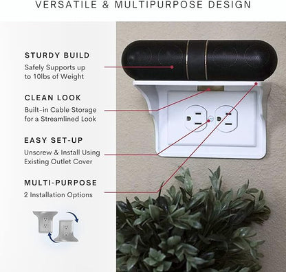 Power Perch Horizontal Wall Outlet Shelf with Cord Storage Strap - Declutter & Reclaim Bathroom Counter Space - Echo Dot Stand, Apple Homepod Shelf, Toothbrush Holder for Bathroom- White, 2-Pack
