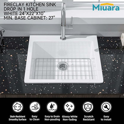 Miuara White Kitchen Sink Drop In 24 Inch 1 Hole - Small Topmount Fireclay Bar Sink 24"x22"x10" Single Bowl, with 2 Custom Accessories, Glossy White, for Kitchen & Laundry & Outdoor & Small Space