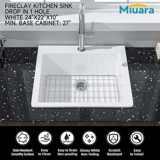 Miuara White Kitchen Sink Drop In 24 Inch 1 Hole - Small Topmount Fireclay Bar Sink 24"x22"x10" Single Bowl, with 2 Custom Accessories, Glossy White, for Kitchen & Laundry & Outdoor & Small Space