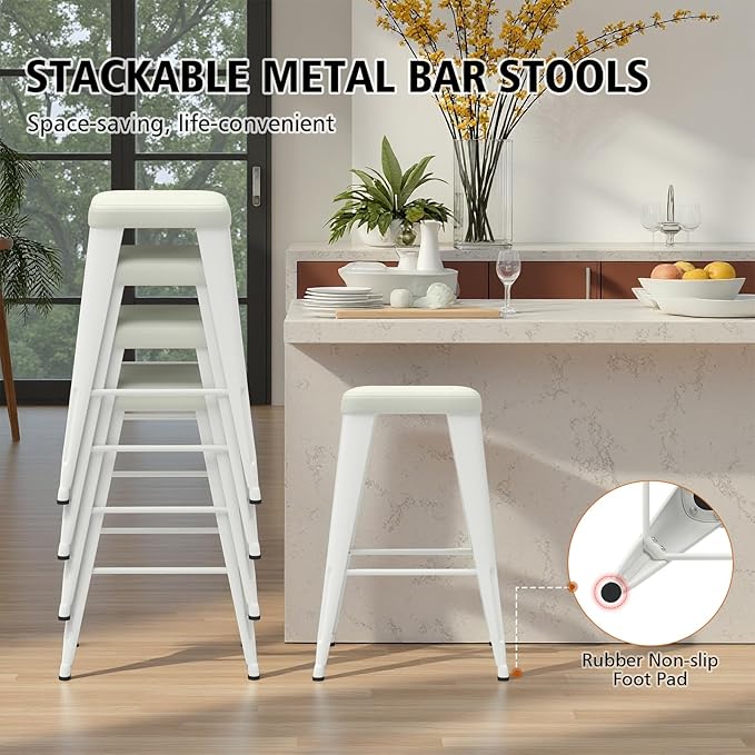 Backless Bar Stools Set of 2, Upholstered Faux Leather Counter Height Stools with Sturdy Metal Legs, 26 Inch Barstools for Kitchen Island (White)