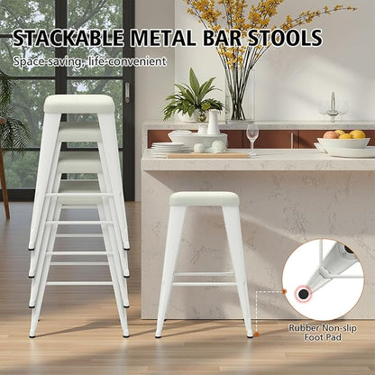 Backless Bar Stools Set of 2, Upholstered Faux Leather Counter Height Stools with Sturdy Metal Legs, 26 Inch Barstools for Kitchen Island (White)