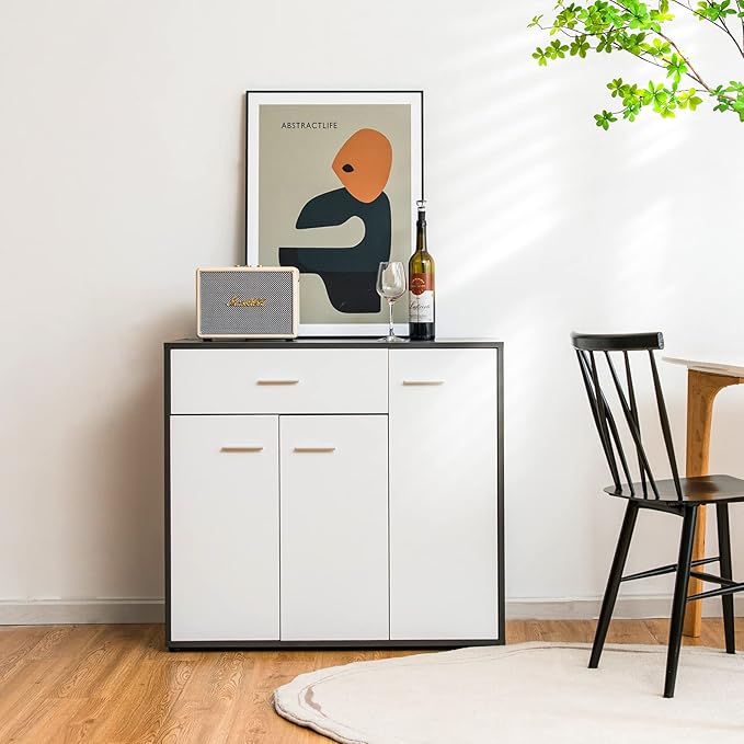 Giantex Buffet Cabinet with Storage, 3 Door Kitchen Cupboard with Large Drawer, Adjustable Shelf, Wood Kitchen Organizer, Entryway Console Table, Dining Room Furniture