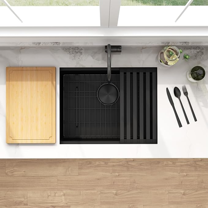 LQS 23 Inch Black Undermount Kitchen Sink, Black Kitchen Sink 23" x 18", 10" Deep Single Bowl Sinks, 16 Gauage Stainless Steel Material, Workstation Ledge With Abundant Accessories