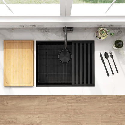 LQS 23 Inch Black Undermount Kitchen Sink, Black Kitchen Sink 23" x 18", 10" Deep Single Bowl Sinks, 16 Gauage Stainless Steel Material, Workstation Ledge With Abundant Accessories