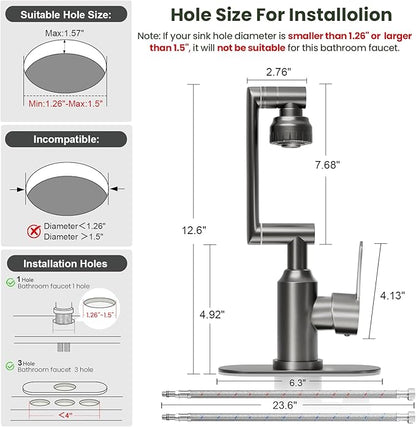 Bathroom Sink Faucet, FunnyAir Stainless Steel 1080° Rotatable Faucet for Sink 1 Hole or 3 Holes, Modern Style Single Handle Bathroom Faucets with Hot and Cold Hoses, Grey
