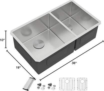 Dcolora 36" Extra Large Double Bowl Kitchen Sink Undermount 60/40 Split 16 Gauge 304 Stainless Steel Double Sinks, Round Corner 36"x19"x10" DC-U7741