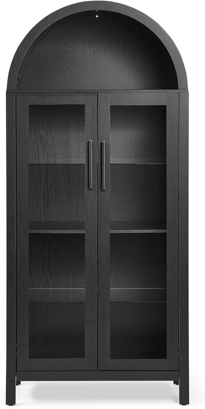 Ball & Cast 67" Tall Arched Kitchen Pantry Cabinet with Lamp, Modern Wooden Storage Cabinets with Glass Doors & Adjustable Shelves,Versatile Display Cabinet for Kitchen, Living Room,Dining Room,Black
