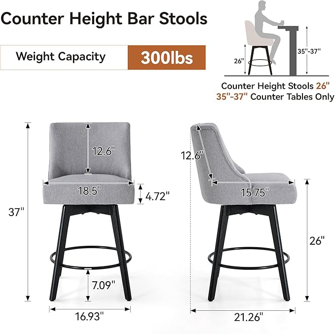 Vipbear Counter Height Bar Stools Set of 2, 26" H Swivel Bar Stools with Backs, Linen Fabric Upholstered Bar Chairs with Solid Wood Legs for Kitchen Island, Dining Room, Home Bar, Light Grey
