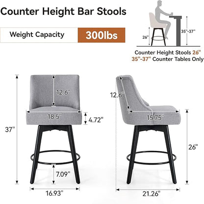 Vipbear Counter Height Bar Stools Set of 2, 26" H Swivel Bar Stools with Backs, Linen Fabric Upholstered Bar Chairs with Solid Wood Legs for Kitchen Island, Dining Room, Home Bar, Light Grey