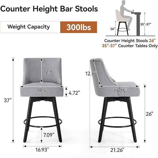 Vipbear Counter Height Bar Stools Set of 2, 26" H Swivel Bar Stools with Backs, Linen Fabric Upholstered Bar Chairs with Solid Wood Legs for Kitchen Island, Dining Room, Home Bar, Light Grey
