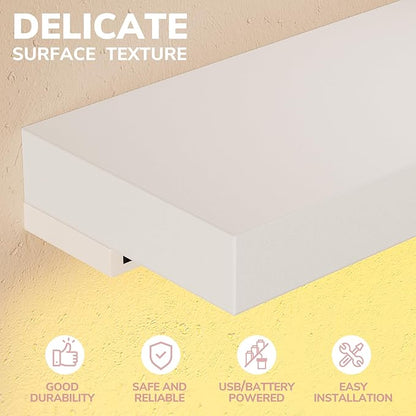 BAMEOS RGB LED Floating Shelves for Wall, 35" Wall Mounted Wooden Shelves with Invisible Brackets, Set of 2, Hanging Wall Shelves for Bedroom, Living Room, Kitchen, Study (White)
