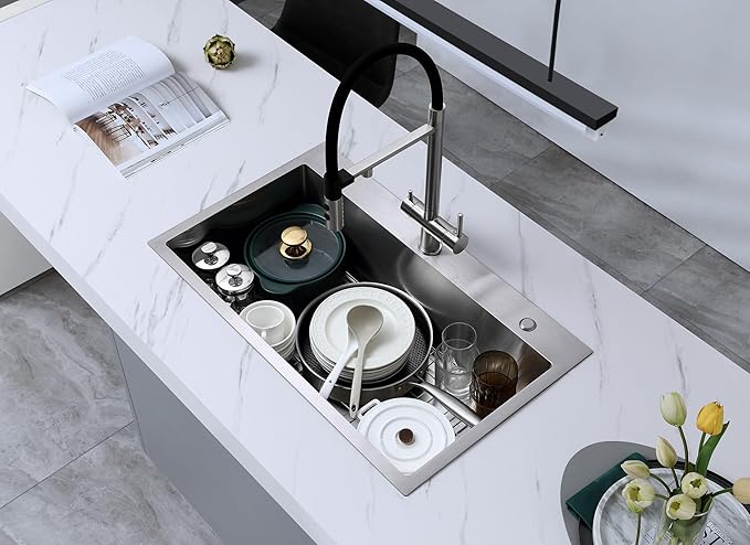 MENATT 30x18 Inch Drop in Kitchen Sink, 304 Stainless Steel Single Bowl with Dual Faucet Holes & Bottom Grid Mat, X-Shape Drain, 9" Deep Large Sink for Spacious Kitchen, Laundry, Bar, Commercial Use