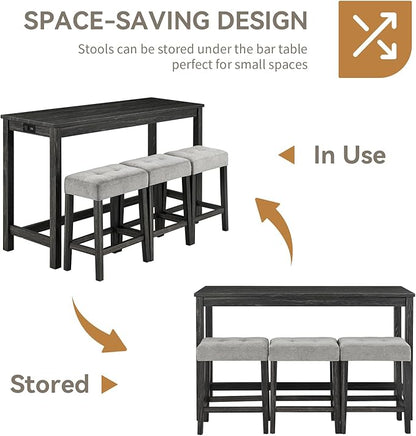 LKTART 4 Piece Bar Table Set Dining Bar Table and Chairs Set with Power Outlet Industrial Breakfast Table with 3 Padded Stools Rustic Bar Kitchen Dinning Room Living Room Black Grey