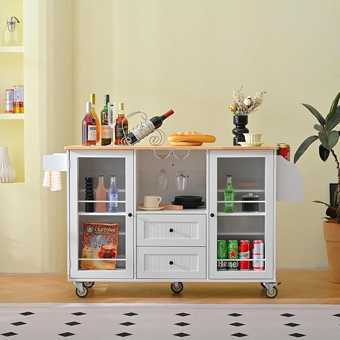 GOWE Mobile Kitchen Island Storage Trolley Cart on Wheels with Dropleaf Top, Towel/Spice Rack,2 Drawers, 2-Door Cabinet, White