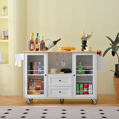 GOWE Mobile Kitchen Island Storage Trolley Cart on Wheels with Dropleaf Top, Towel/Spice Rack,2 Drawers, 2-Door Cabinet, White