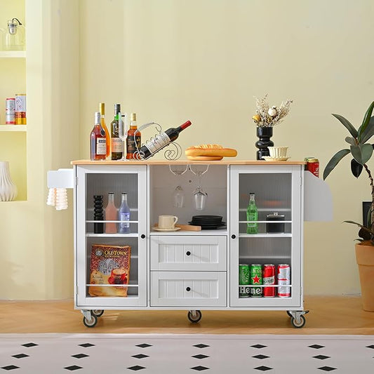 GOWE Mobile Kitchen Island Storage Trolley Cart on Wheels with Dropleaf Top, Towel/Spice Rack,2 Drawers, 2-Door Cabinet, White