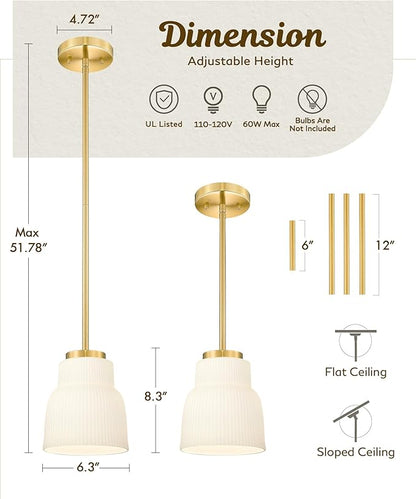 FEMILA Brushed Gold Pendant Light with Milk Glass Shade, Modern Hanging Light Fixture for Kitchen Island, Dining Room, Bar, E26 Socket, Adjustable Height, 4FYD87MIL BG