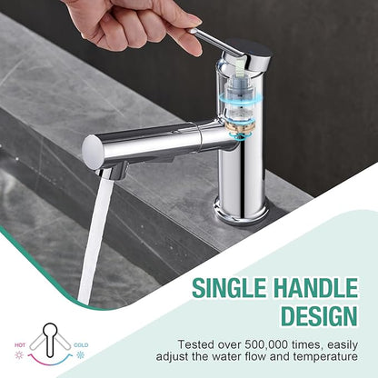 Faustina Bathroom Faucet with Pull Out Sprayer, Polished Finish Bathroom Sink Faucet for Vanity or Laundry, Stainless Steel 1 Handle with Deck Plate for 1 or 3 Hole