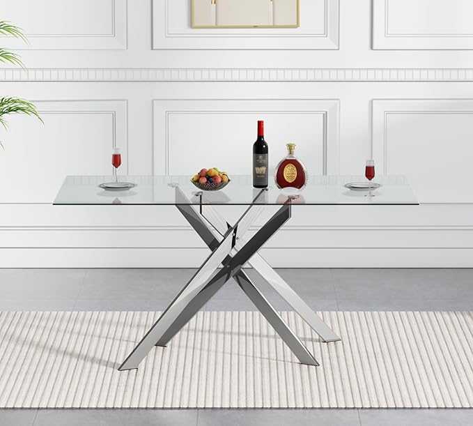 Henf 51.2'' Glass Dining Table for 4-6 People, Rectangle Kitchen Table with Silver Metal Legs, Tempered Glass Top Dining Room Table for 4, Dining Table for Dining Room Home Kitchen