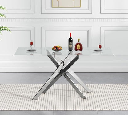 Henf 51.2'' Glass Dining Table for 4-6 People, Rectangle Kitchen Table with Silver Metal Legs, Tempered Glass Top Dining Room Table for 4, Dining Table for Dining Room Home Kitchen