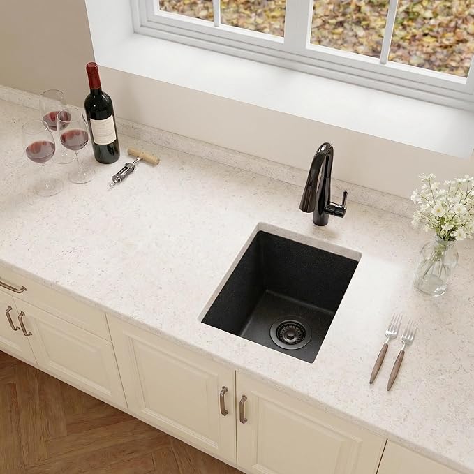 Black Bar Sink, 13" x 15" x 10" Undermount Kitchen Sink, 13 Inch Small and Deep Single Bowl Granite Composite Kitchen Sink with Accessories, 13 x 15 Matte Black Quartz Stone Bar Sinks