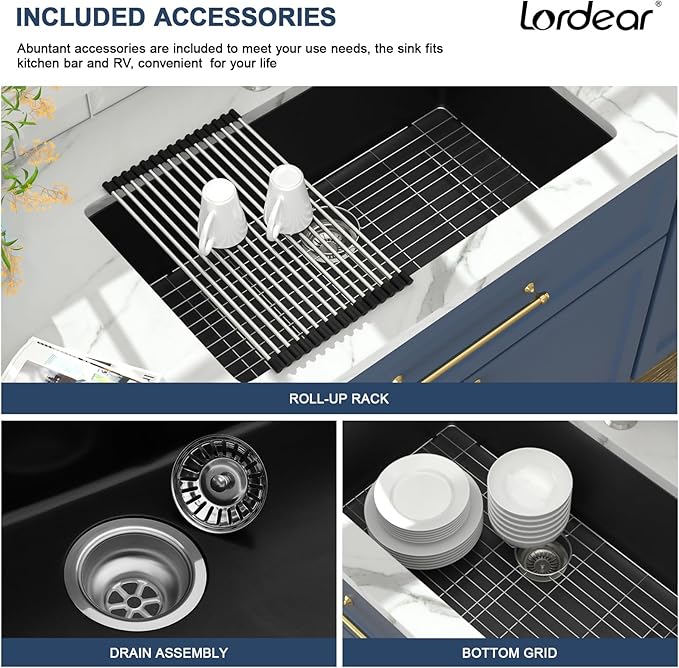 Lordear 31 Granite Composite Kitchen Sink Black 31X18 Inch Undermount Sinks Granite Composite Single Bowl Under Kitchen Sinks with Accessories