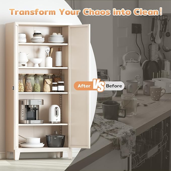 Zevemomo 70.87" Tall Metal Storage Cabinet with 3-Digit Combination Lock, Steel Pantry Cabinet with 4 Adjustable Shelves & 2 Doors, Secure Freestanding Organizer for Home, Office, Garage, Beige