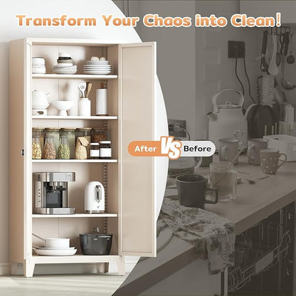 Zevemomo 70.87" Tall Metal Storage Cabinet with 3-Digit Combination Lock, Steel Pantry Cabinet with 4 Adjustable Shelves & 2 Doors, Secure Freestanding Organizer for Home, Office, Garage, Beige