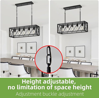 5-Light Kitchen Island Pendant Light, Black Rectangular Farmhouse Chandelier, Industrial Metal Linear Ceiling Hanging Lighting Fixture for Dining Room, Living Room, Entryway, Foyer, Bar