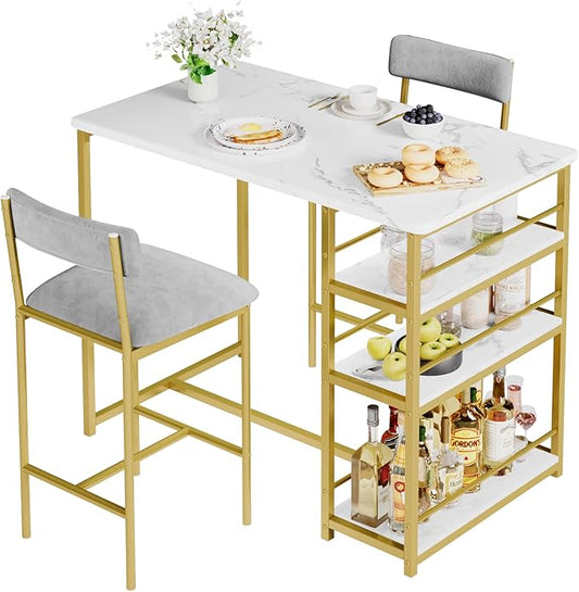 Bar Table Set for 2 with 3 Storage Shelves, Space-Saving Kitchen Table & Chairs with PU Cushions, Thick MDF Wood Top and Steel Frame for Apartment and Bistros - Gold