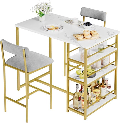 TrailBlaze 3-Piece Dining Table Set for 2, Counter Height Bar Table with 3 Storage Shelves, Soft Fabric Upholstered Chairs - Space-Saving Kitchen & Dining Room for Apartment, Small Spaces - Golden