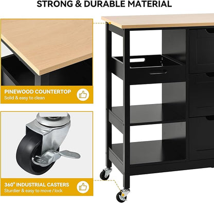 DWVO Solid Wood Top Rolling Kitchen Island Cart, 3 Tier Mobile Kitchen Storage Island Cart with 3 Drawers and 3 Opening Storage Shelves for Kitchen & Dining Area, Black